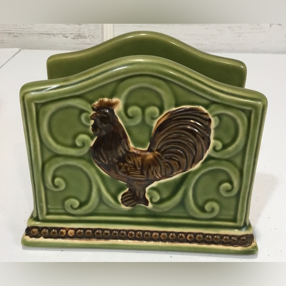 Cracker Barrel ELEGANT ROOSTER Green Brown Embossed Stoneware Nipkin Holder